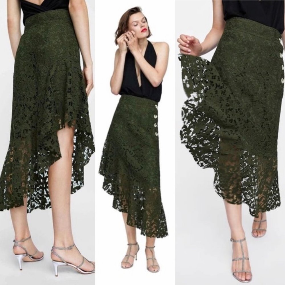 Zara Olive Green Embroidered Midi Skirt NWT - Picture 7 of 13